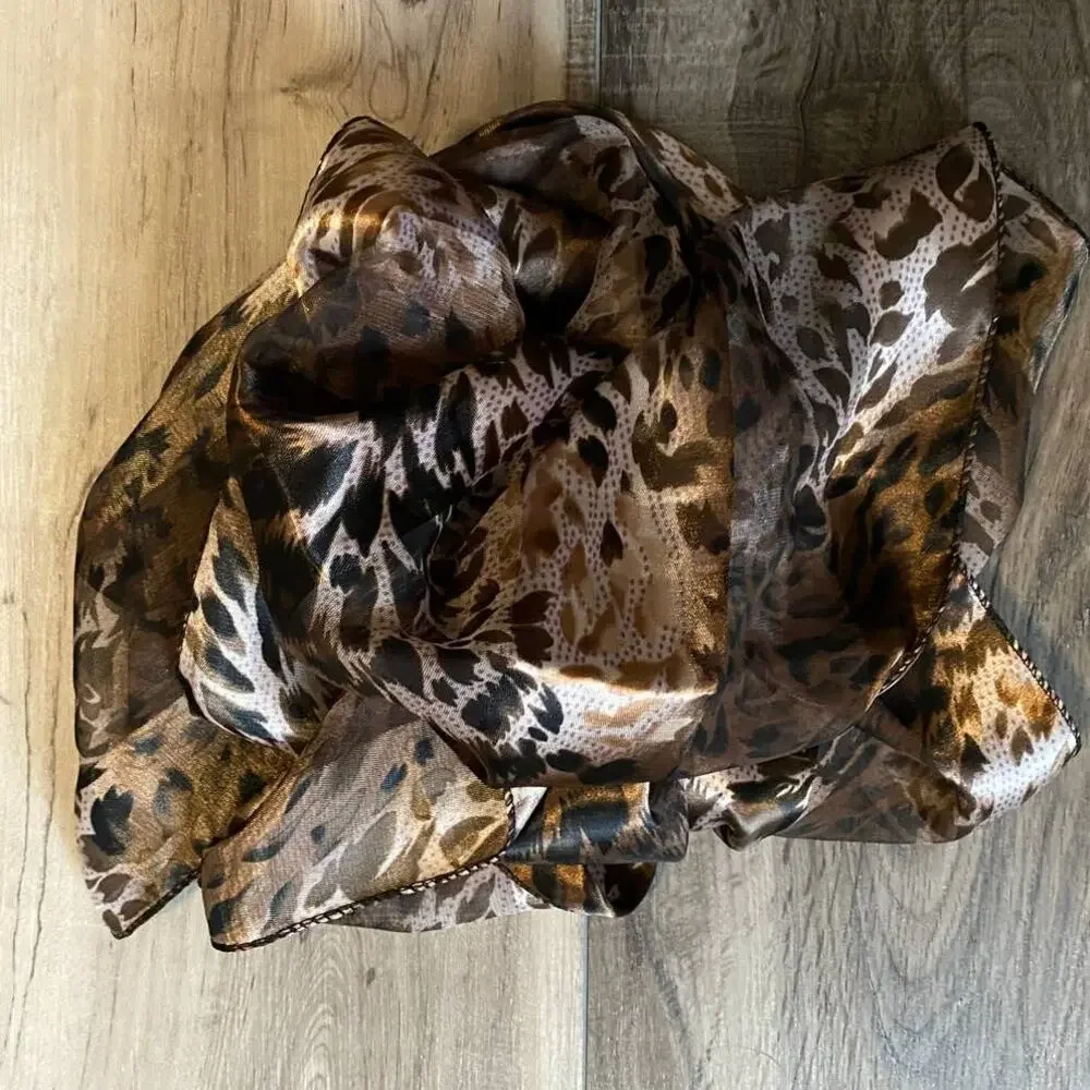 Rectangle Satin Scarf Animal Print Brown White Black 56